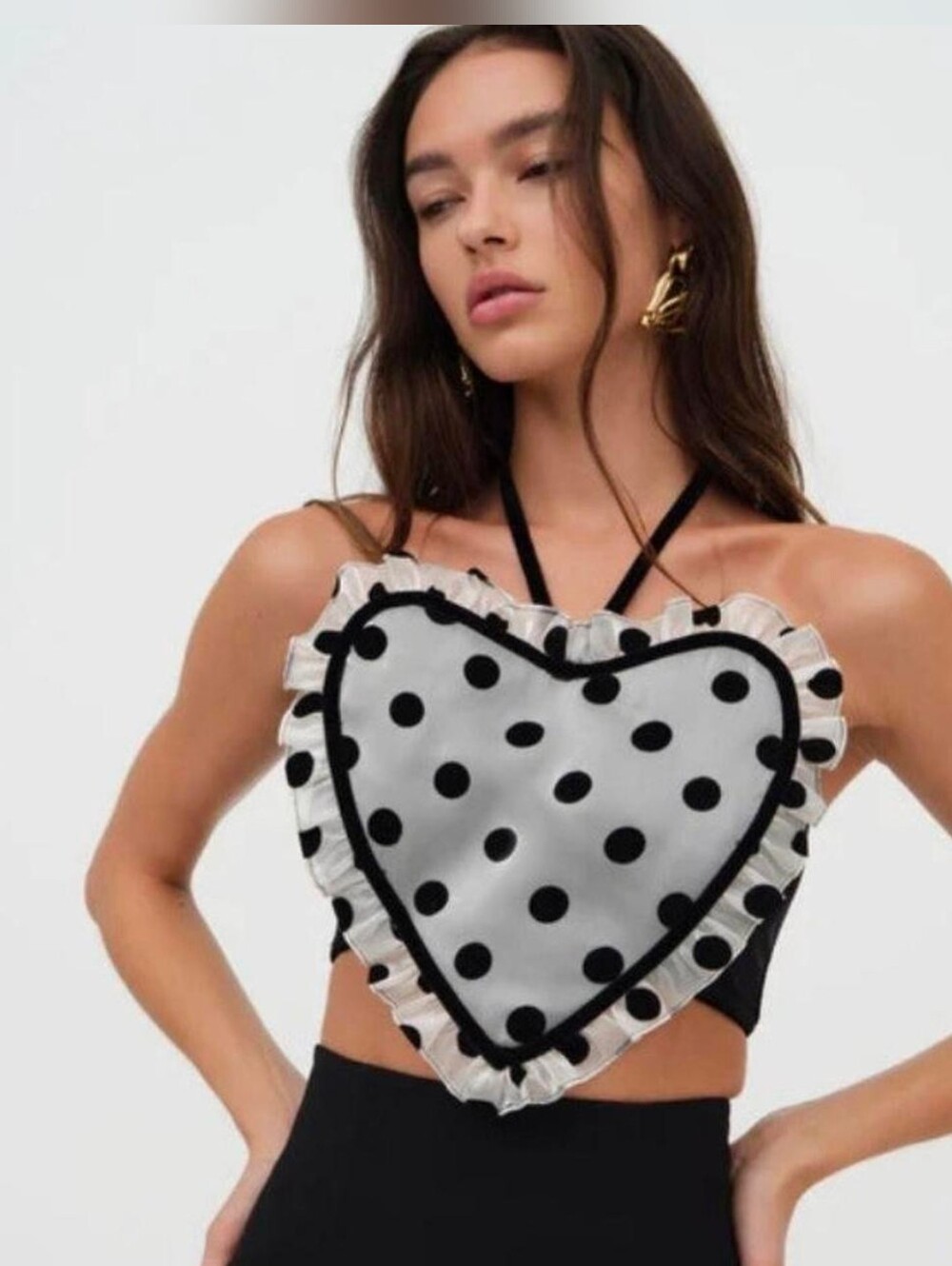 For Love & Lemons Heart Polka Dot Halter Corset Top Black White Size Large